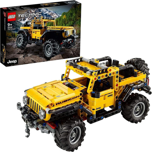 Yellow and black off-road SUV brick model with spare tire and winch, three-quarter view