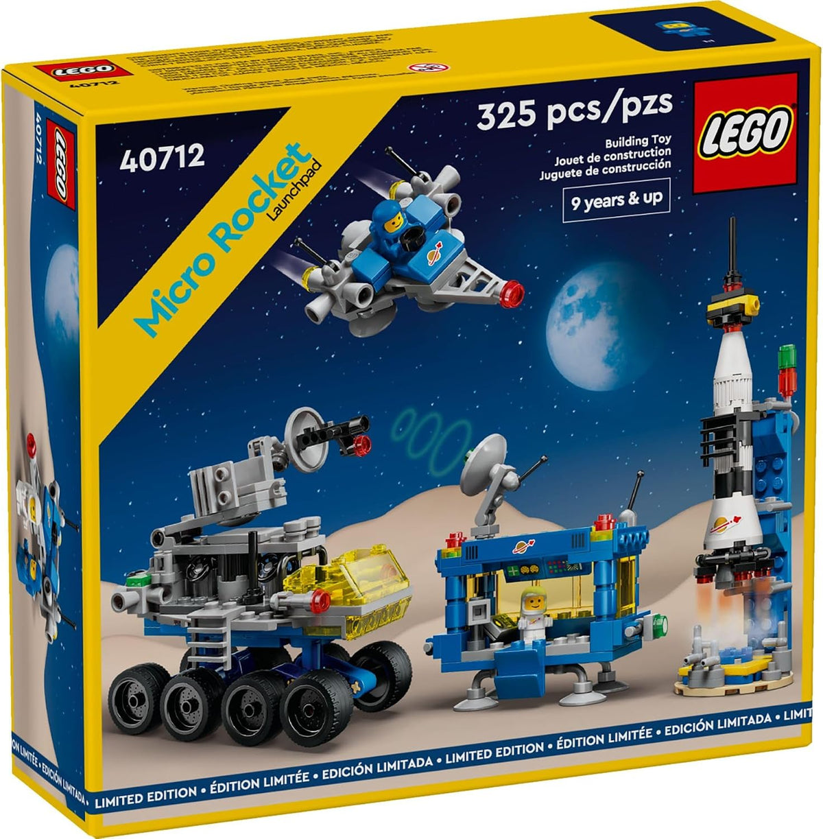 Micro-scale rocket on launchpad with transport, space station and spaceship