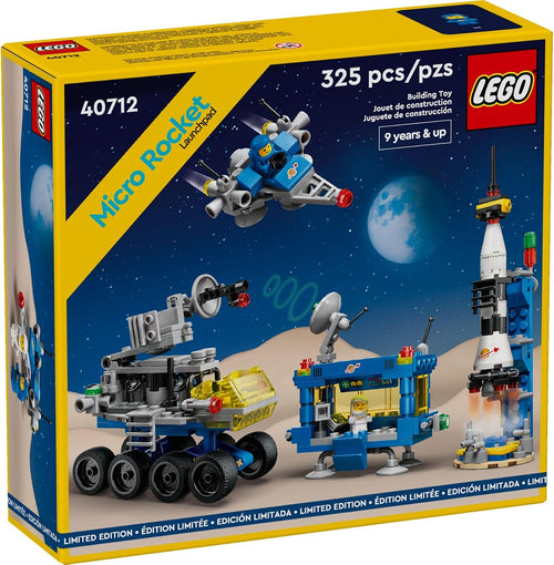 Micro-scale rocket on launchpad with transport, space station and spaceship