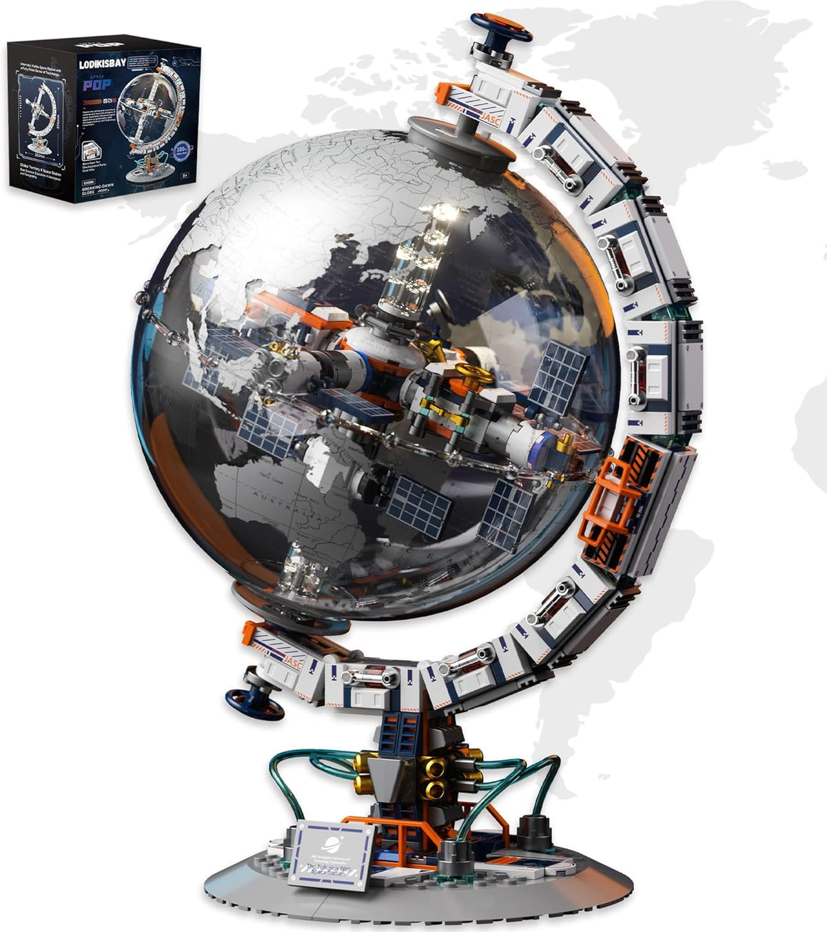 Brick-built space station globe lit from within on a rotating stand