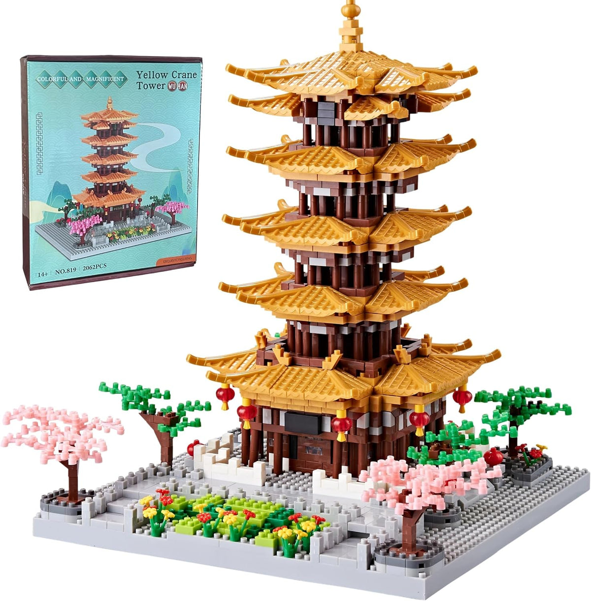 Micro block model of a red-walled Chinese courtyard under a pink blossoming peach tree – view 3