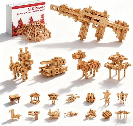 Natural wooden building pieces assembled into 3D puzzle shapes