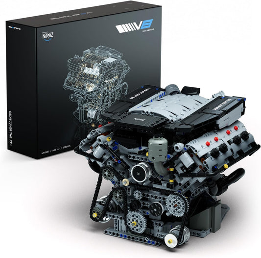 Assembled brick-built V8 engine model showing pistons, valves and gears