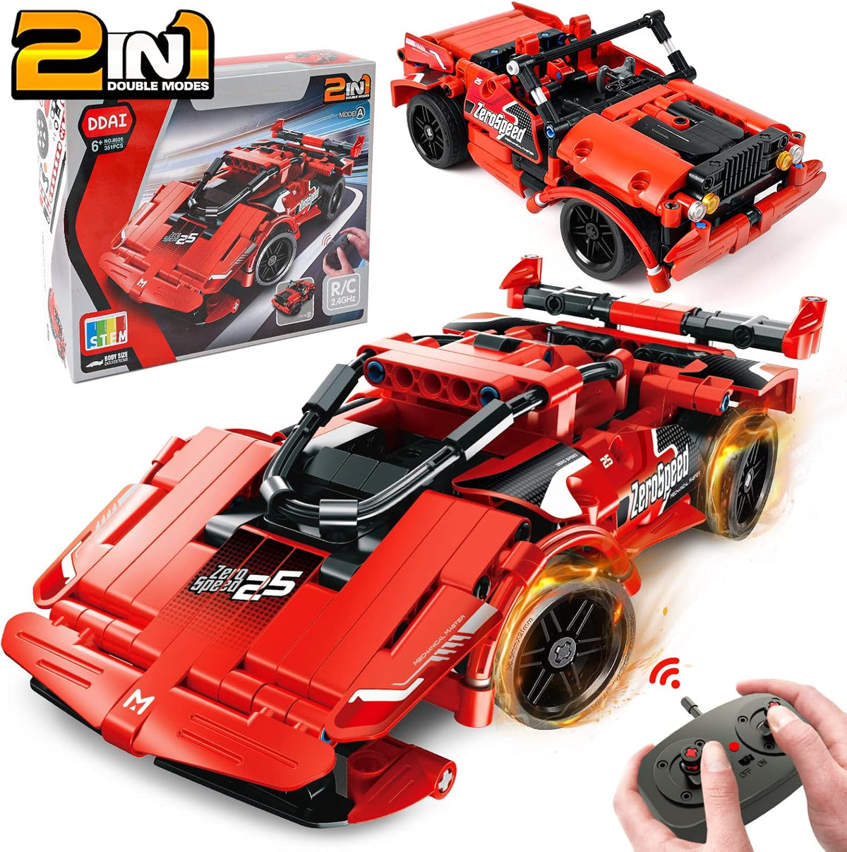 Brick-built remote control racing car with large tires next to its remote controller