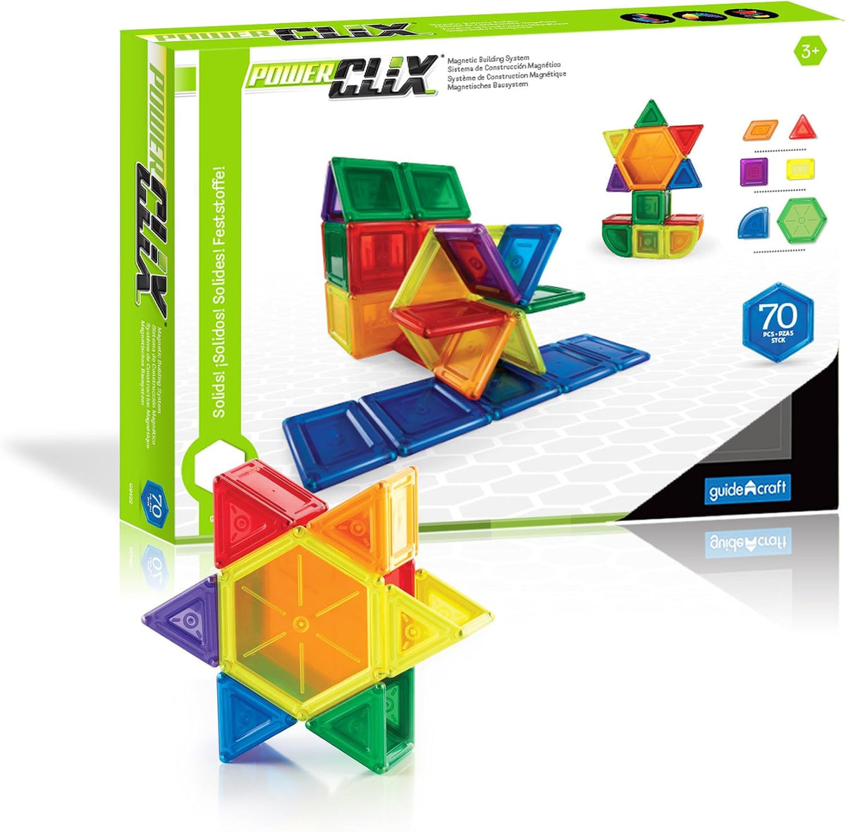 Colorful magnetic solid shape blocks built into a tower – view 3