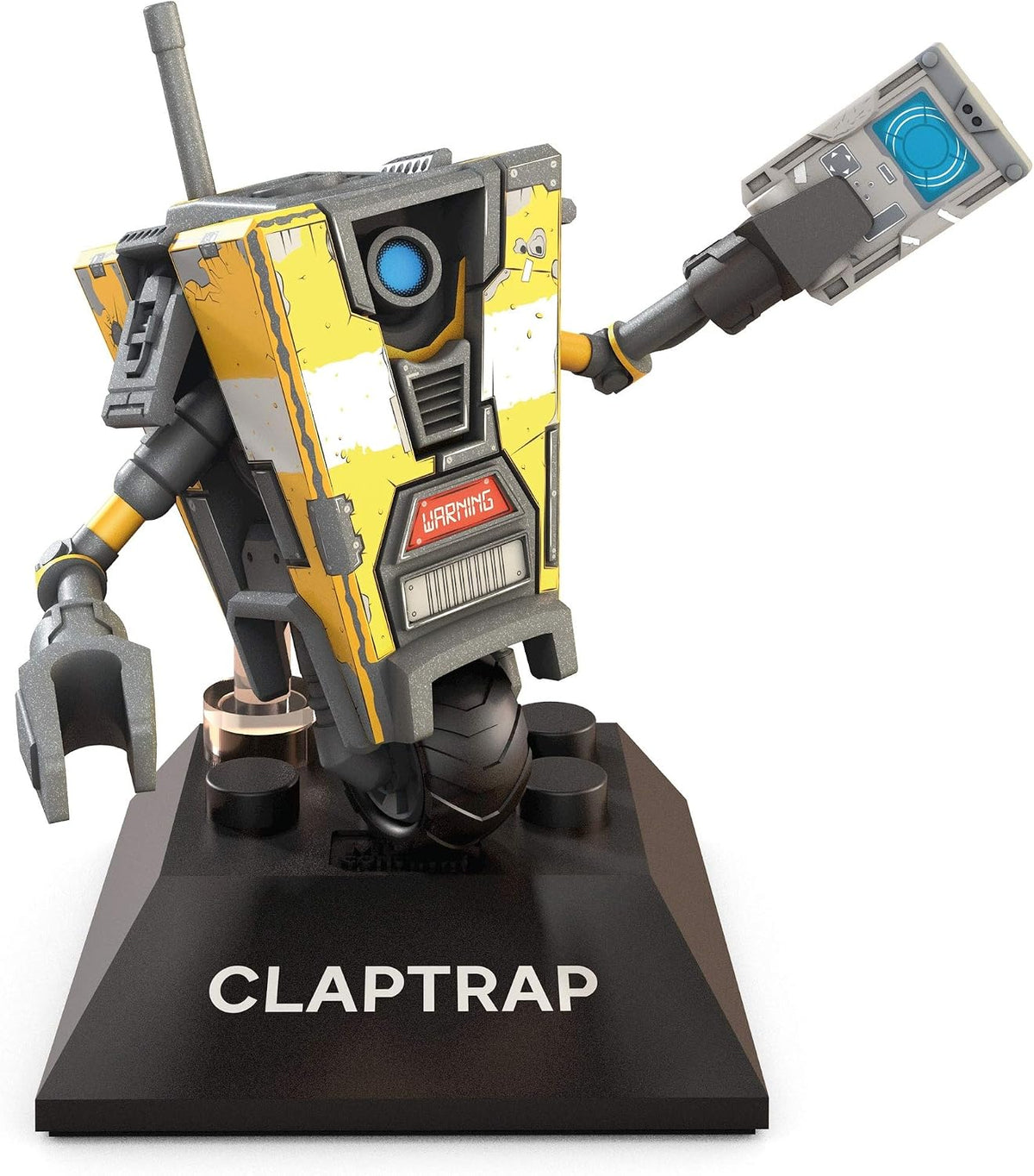 Yellow buildable one-wheeled robot figure holding a weapon on a small display baseplate