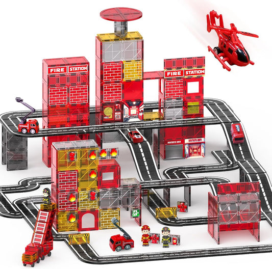 Magnetic tiles built into a fire station with a fire truck