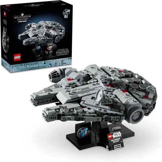 Gray saucer-shaped brick space freighter tilted on a black display stand