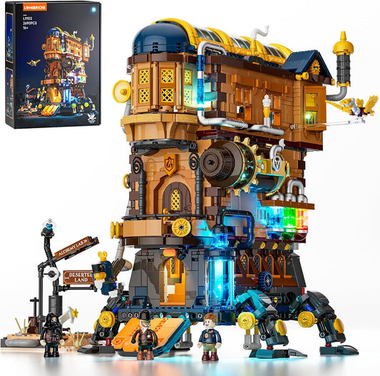 Built steampunk moving castle brick model with gears and lit alchemy lab windows