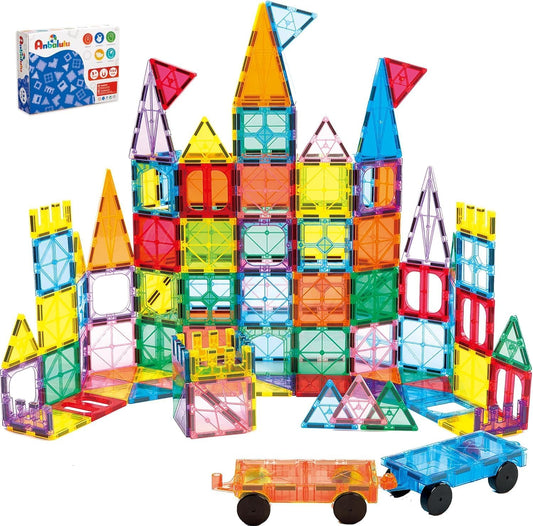 Colorful magnetic tiles built into towers with two small rolling cars