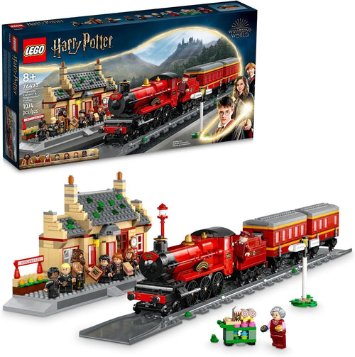 Built red steam train brick set at a village station with figures