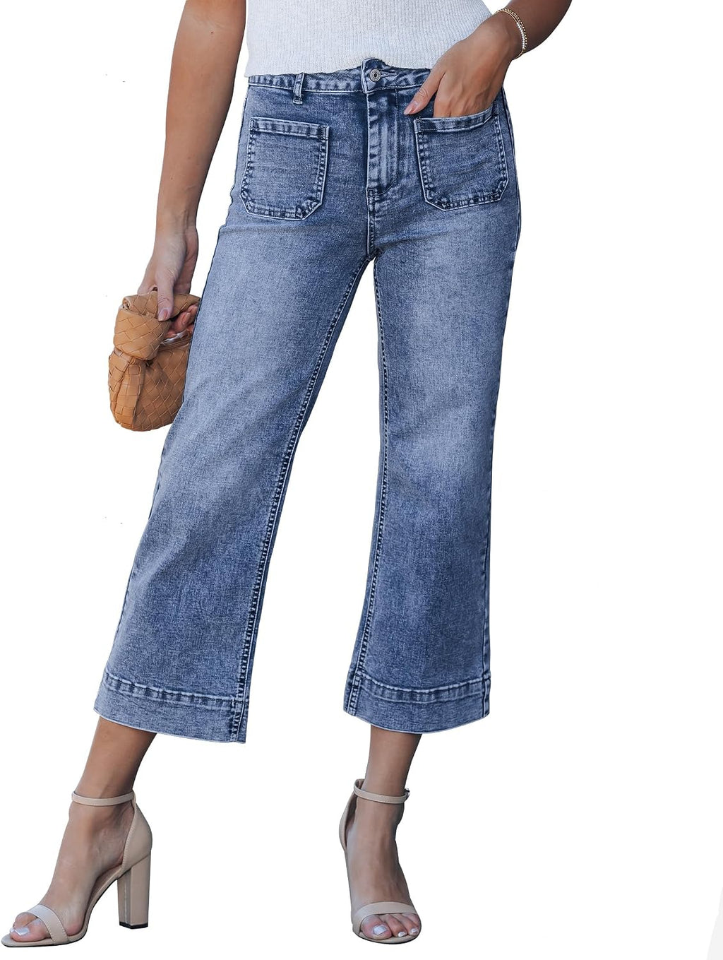 Women's Cropped Flare Jeans - High Rise Wide Leg Denim with Front Patch Pockets for Concert Outfits - Small (15)