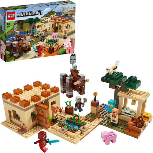 Blocky brick-built desert village with trading post, crops and a large beast figure