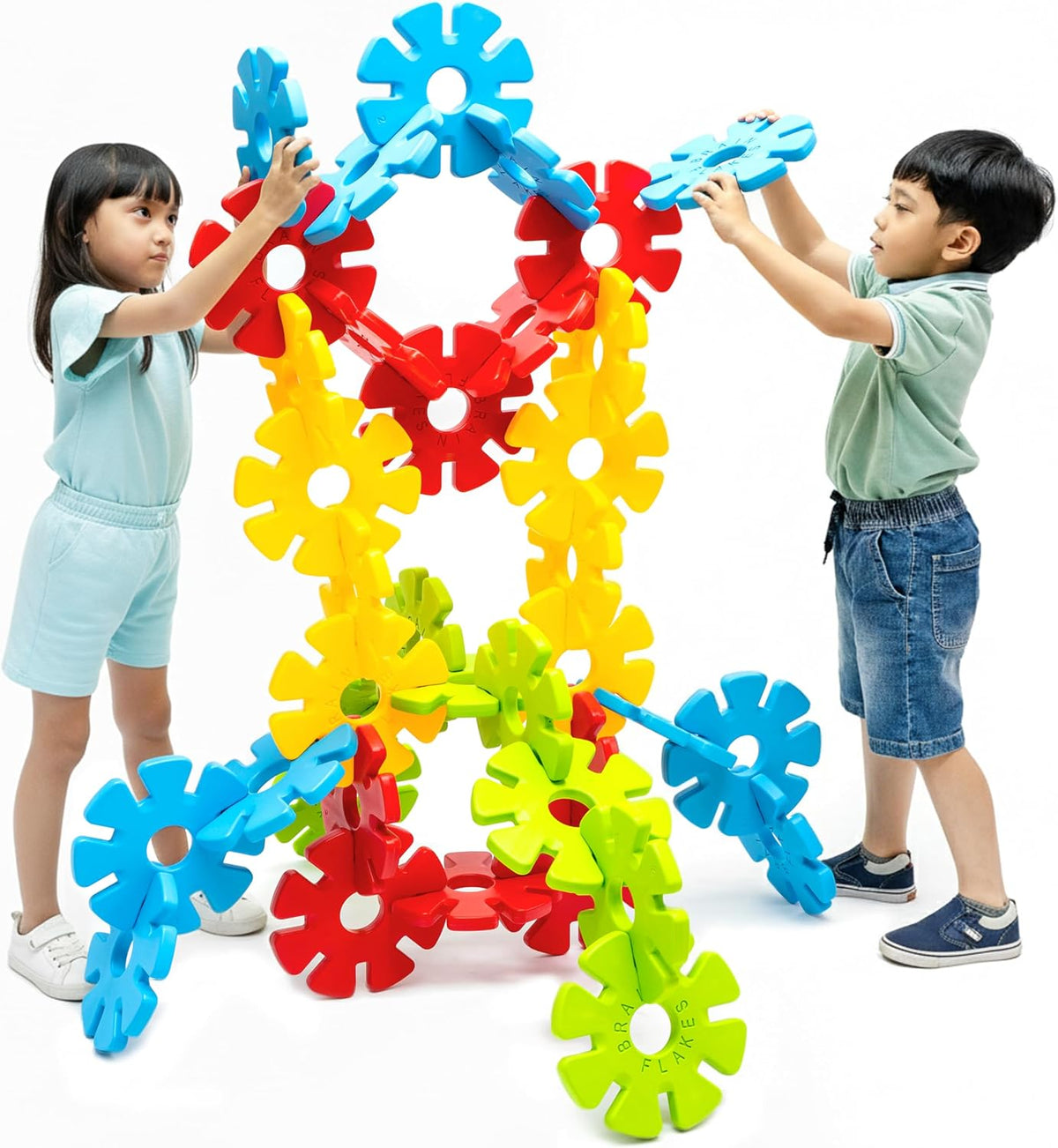 Large colorful interlocking discs clicked together into a rocket shape