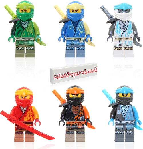 Six colorful ninja mini figures standing in a row holding weapons