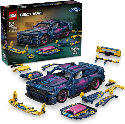 Brick-built blue sports racing car with white stripes, open doors and large spoiler – view 3