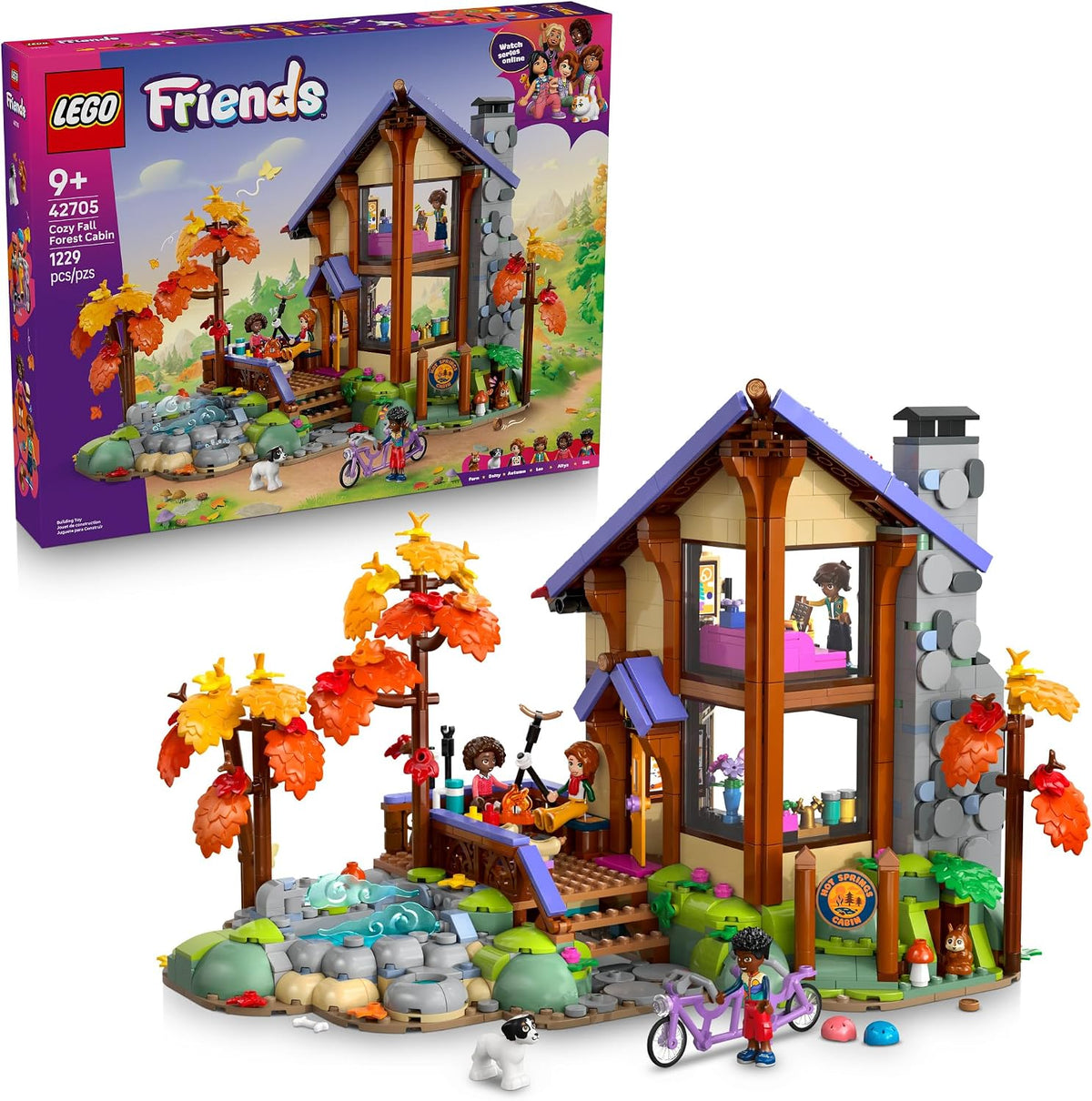 Brick-built forest cabin with firepit, tandem bike and mini-doll figures
