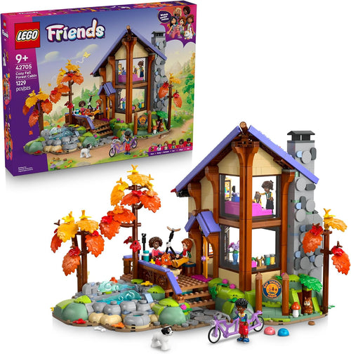 Brick-built forest cabin with firepit, tandem bike and mini-doll figures