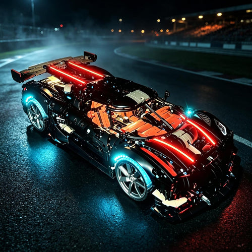 Large megacar brick model glowing with LED accent lights
