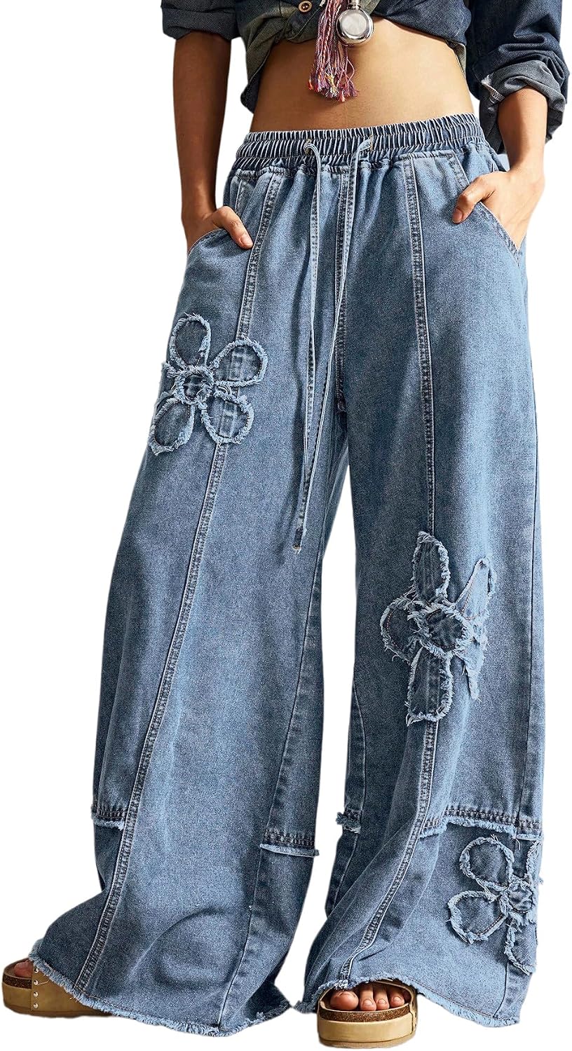 Women's Floral Baggy Wide Leg Jeans - Low Rise Denim Boho Pants with Drawstring Elastic Waist - Small