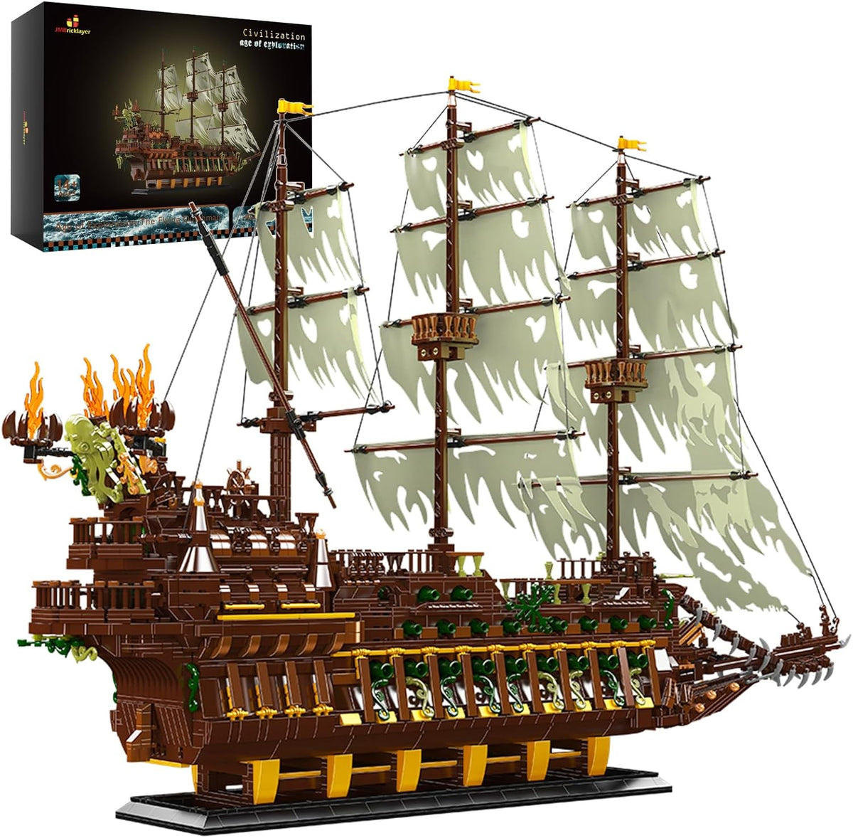 Large brick ghost pirate ship with masts and sails