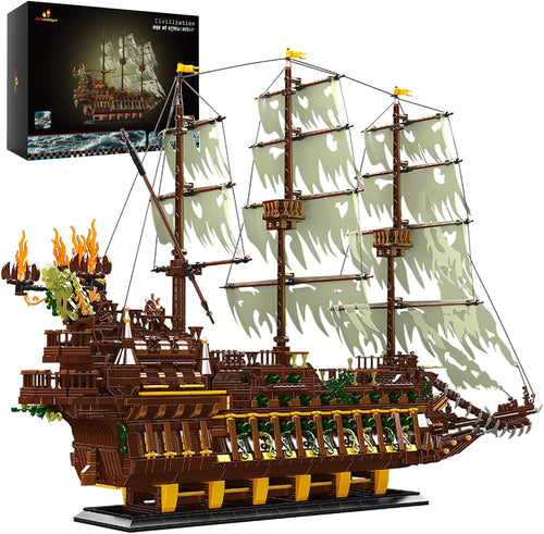 Large brick ghost pirate ship with masts and sails