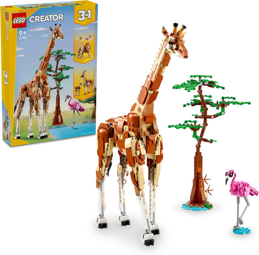Brick-built giraffe with movable neck beside a small flamingo