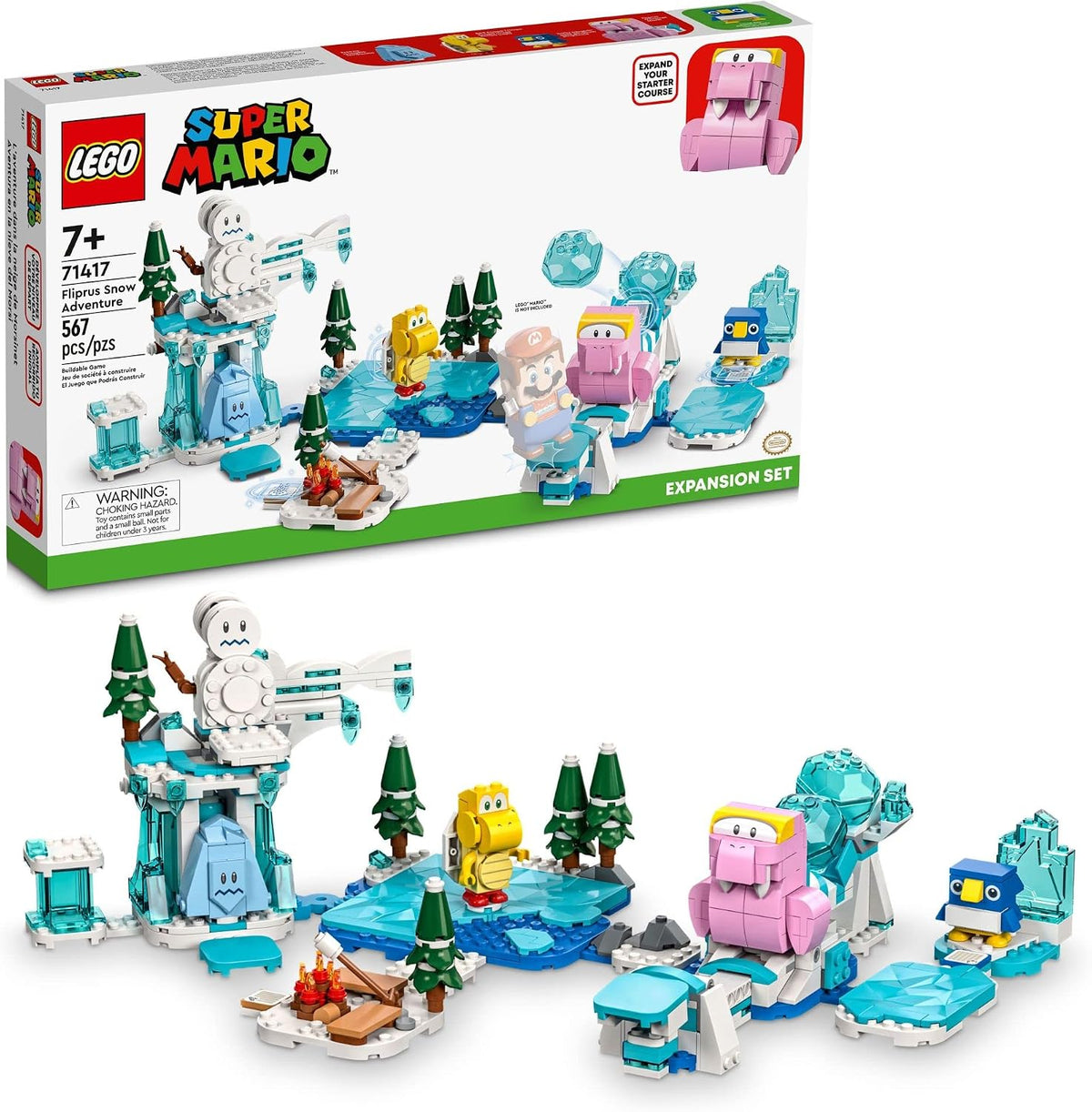 Icy brick course with snowman, penguin figure and icy obstacles