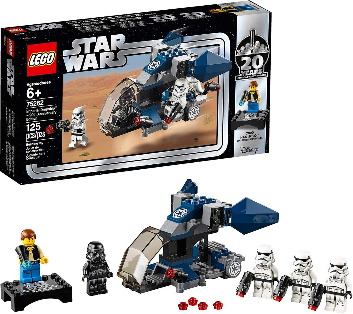 Small brick-built gray dropship with cockpit and hanging troop platform