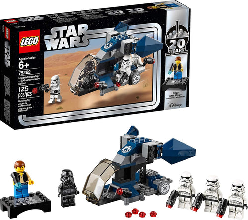Small brick-built gray dropship with cockpit and hanging troop platform