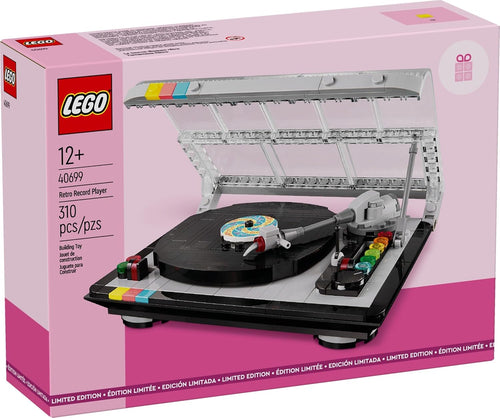 Brick-built retro record player with LP record and open lid