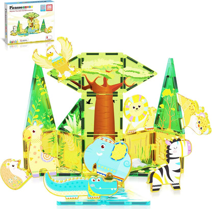 Colorful magnetic tiles built into an enclosure with safari animal figures – view 6