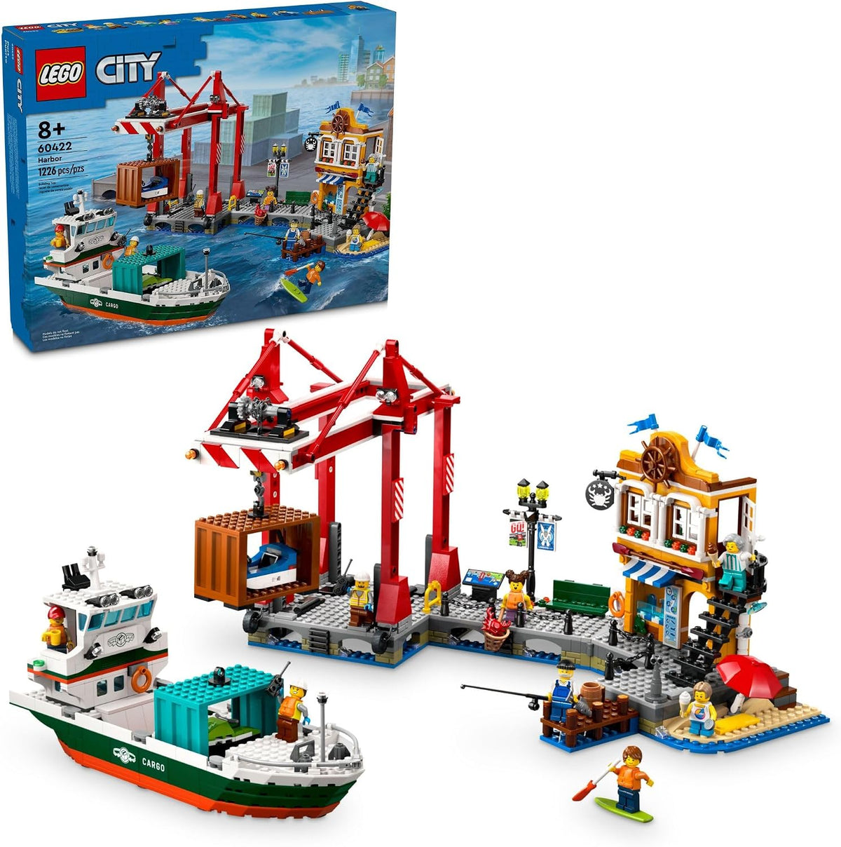 Brick-built seaside harbor with cargo ship, container crane and figures