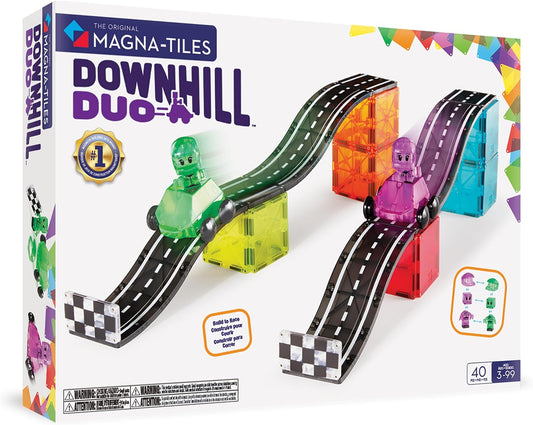 Colorful magnetic construction tiles built into a downhill slope structure