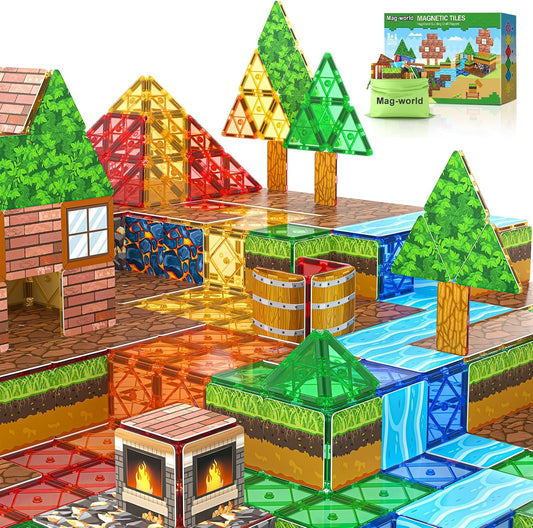 Pixel-style magnetic building blocks stacked into a blocky mining world scene