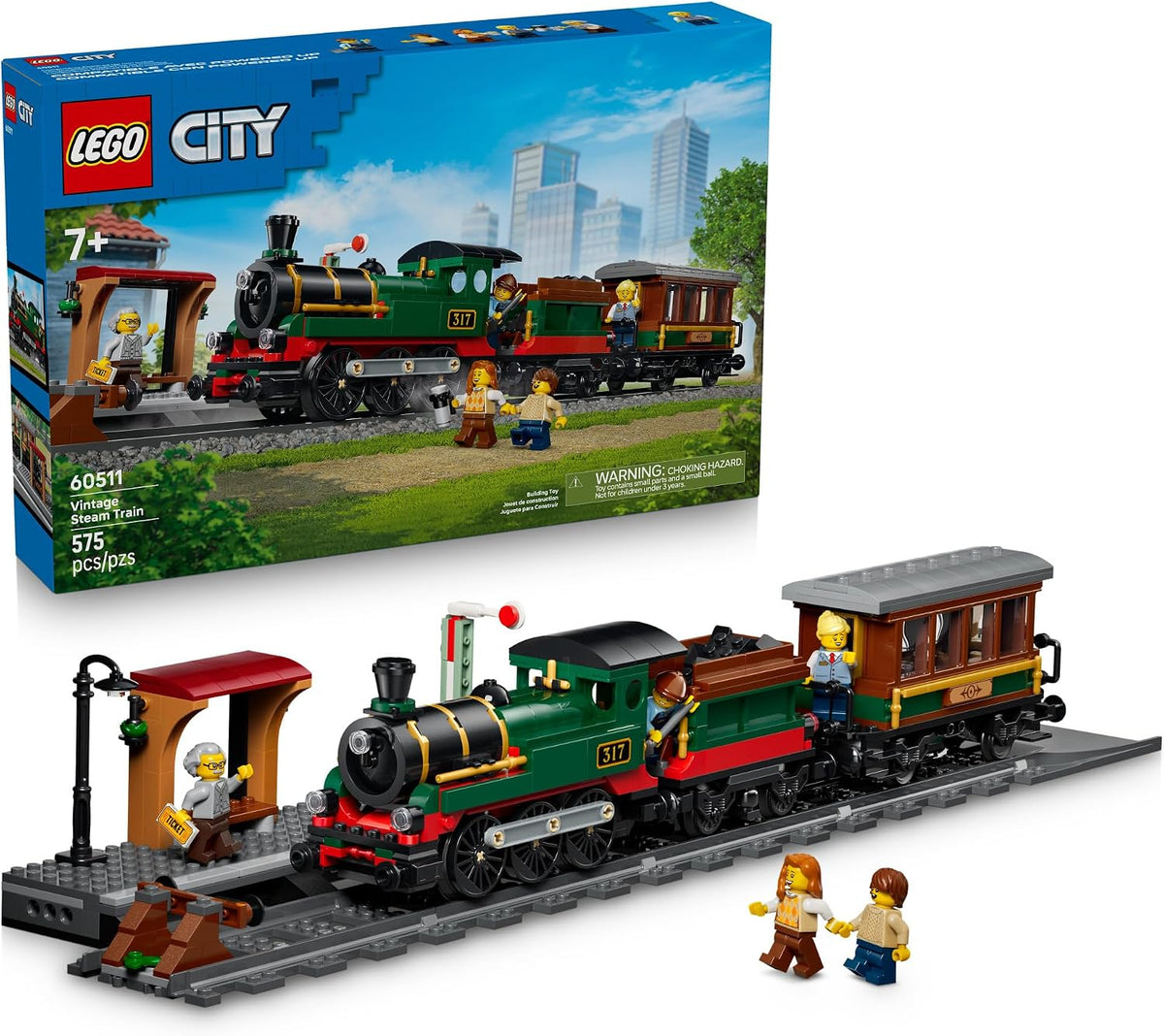 Brick-built vintage steam locomotive with coal tender and passenger coach