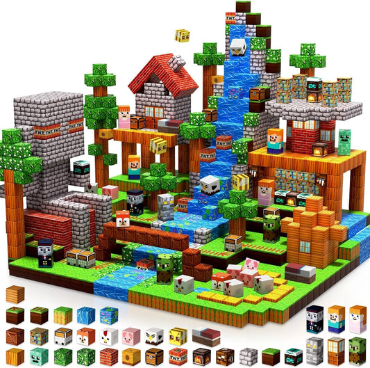Magnetic block cubes stacked into a small house with trees and windmill