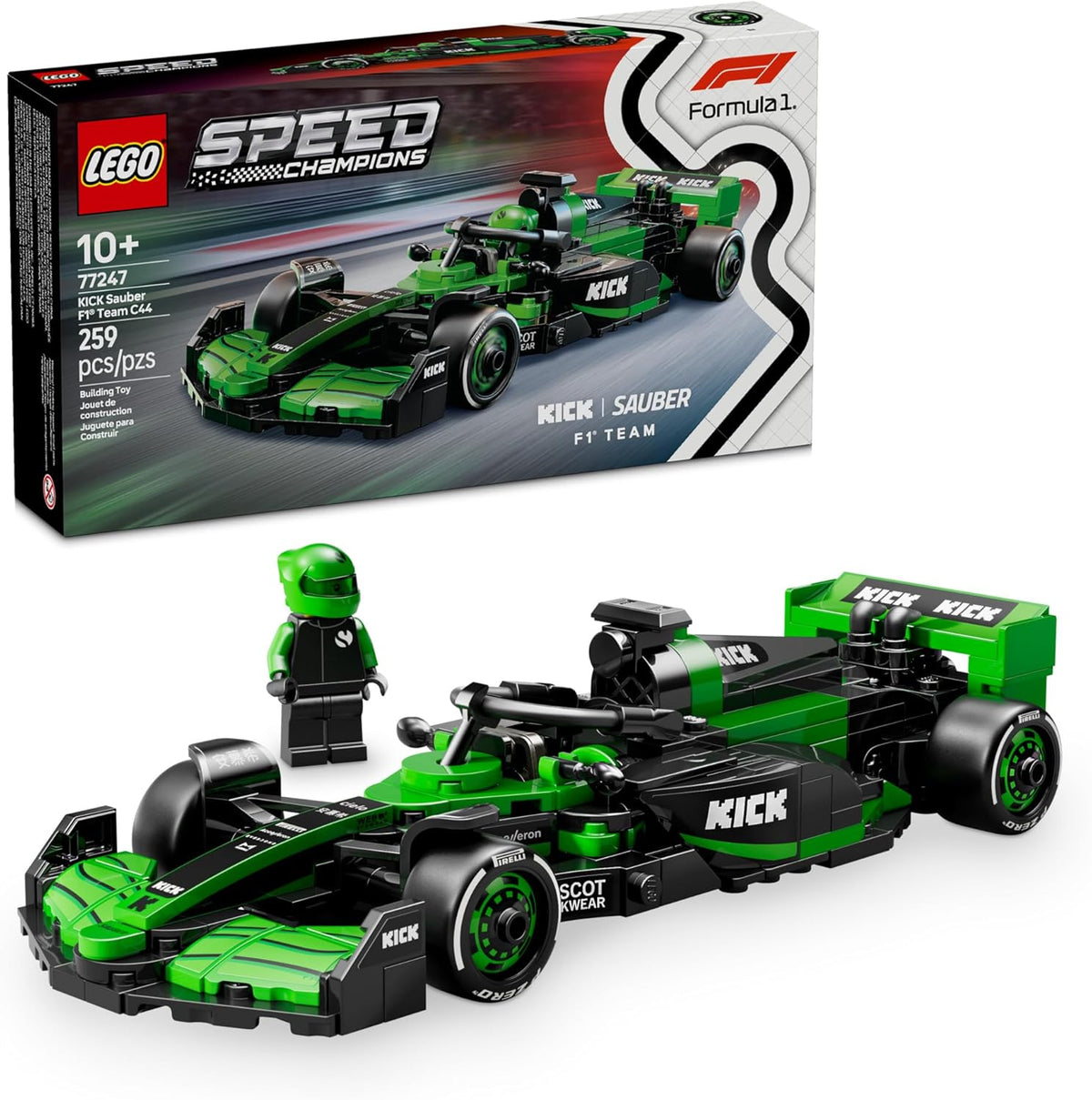 Brick-built open-wheel formula race car with driver figure in the cockpit