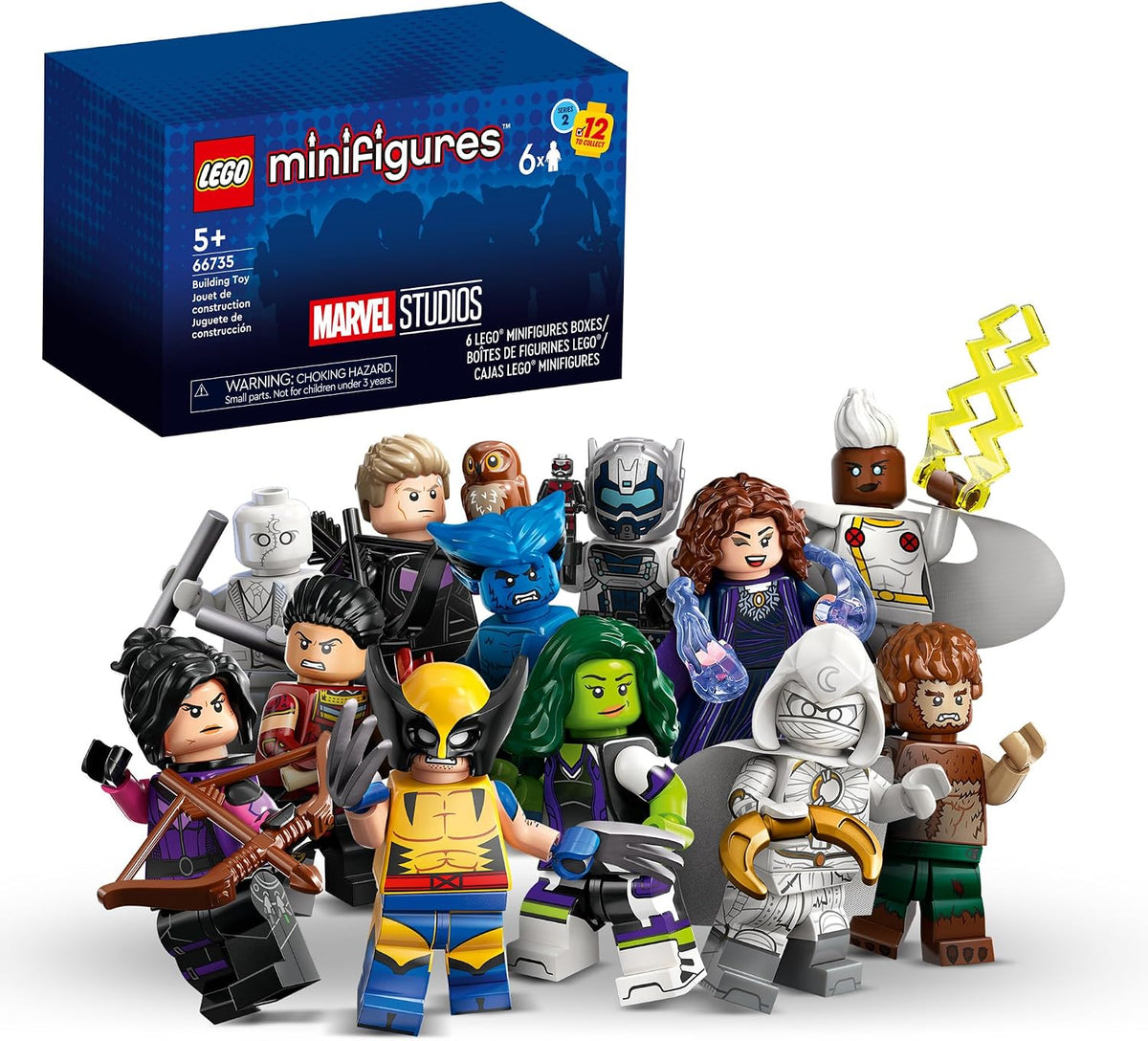 Six small blind box packets with assorted superhero minifigures displayed in front