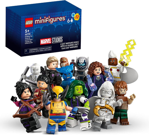 Six small blind box packets with assorted superhero minifigures displayed in front