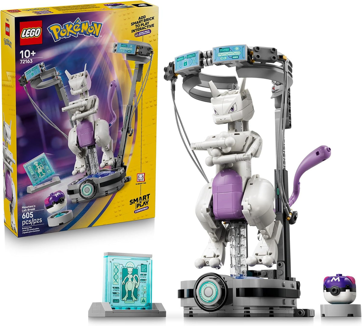 Pale purple brick-built creature with long tail breaking out of a lab chamber