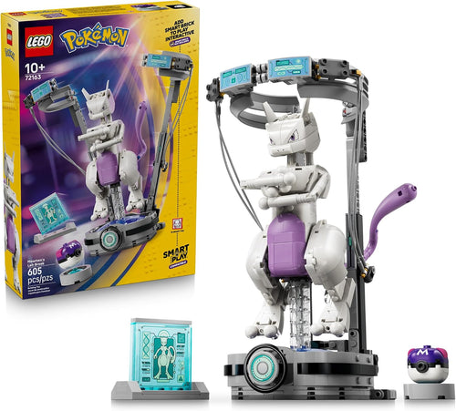 Pale purple brick-built creature with long tail breaking out of a lab chamber