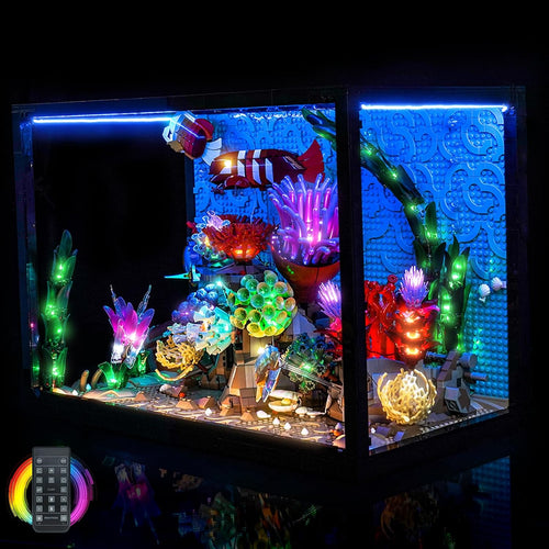 Tropical aquarium brick model with coral and fish lit by LED lights