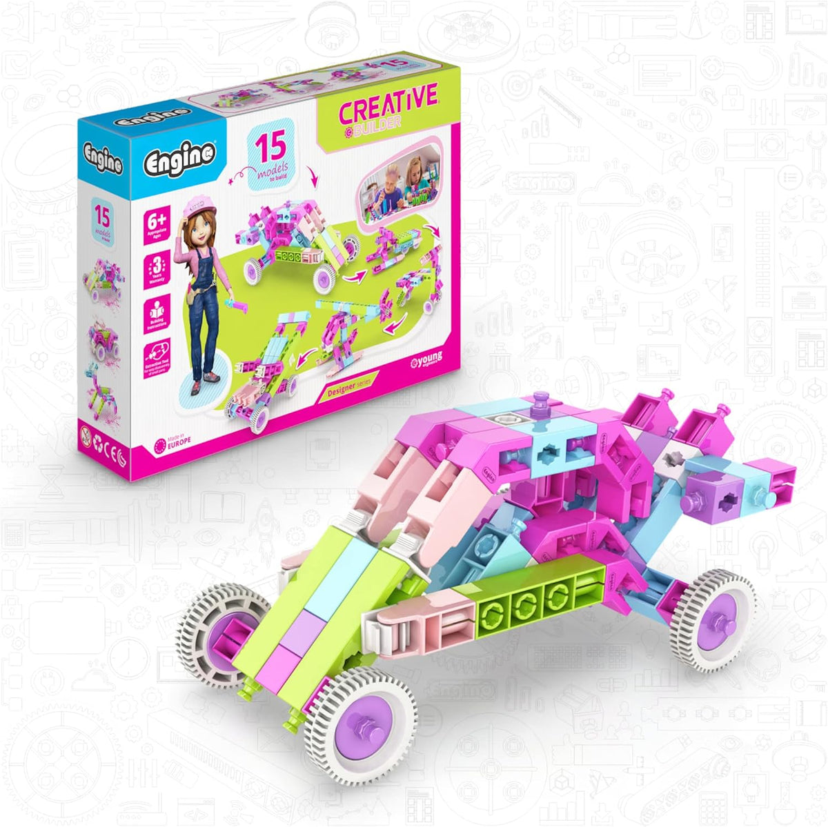 Colorful motorized toy vehicle built from snap construction parts – view 3