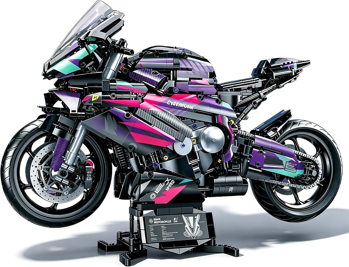 Large brick-built black sport motorcycle model at 1:5 scale