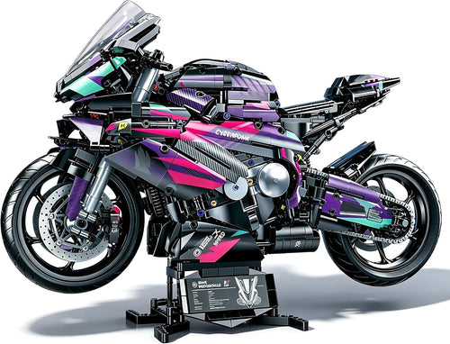Large brick-built black sport motorcycle model at 1:5 scale