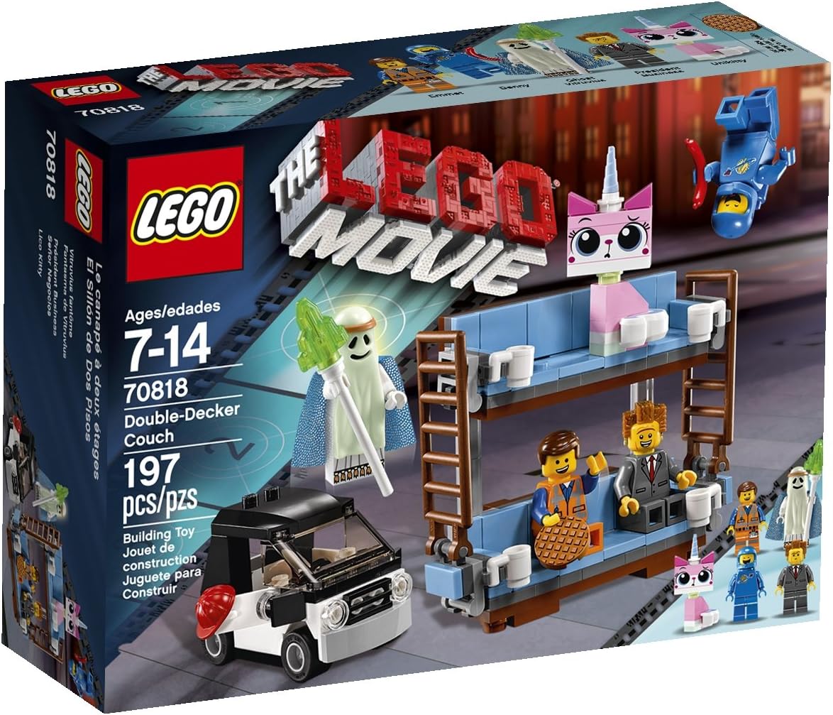 Brick-built double-decker couch vehicle with ladders and a small car beside it