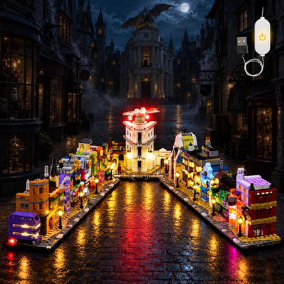 Wizarding shopping street brick model with lit shop windows – view 2
