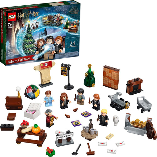 Holiday advent calendar with small wizard-themed brick builds and figures