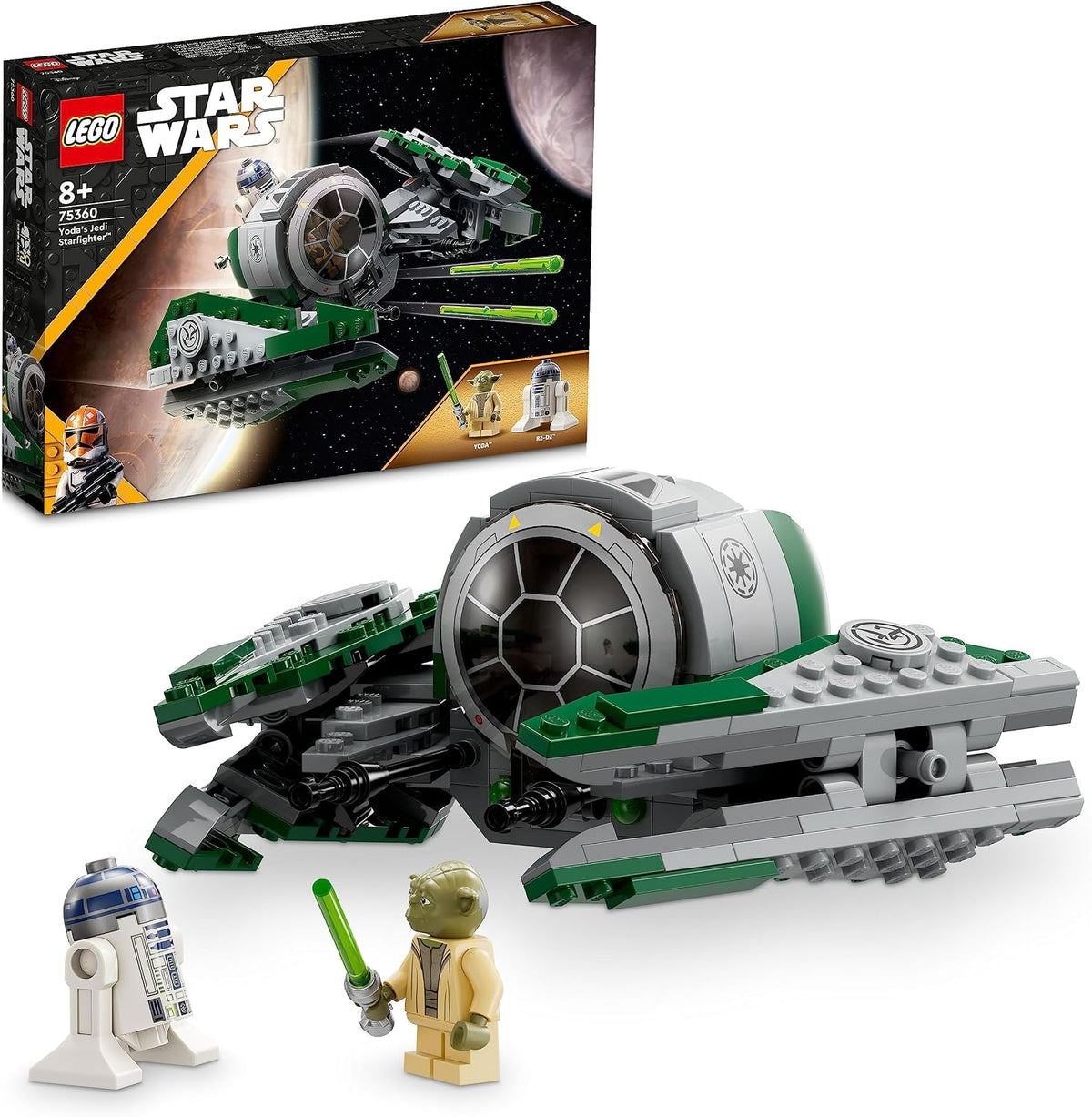 Small brick-built green starfighter with a knight figure in the cockpit and a droid